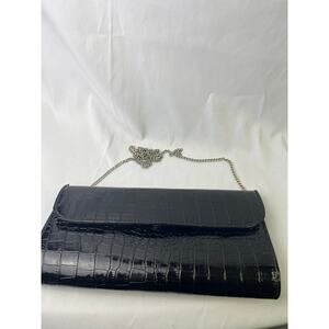 Black Faux Croc Patent Clutch Bag with Chain Strap